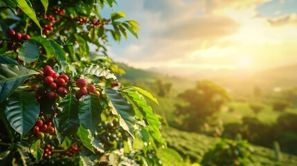 Generative AI : Coffee tree with fresh arabica coffee bean in coffee plantation on the mountain at Ban Pang Khon the northern of Chiang Rai, Thailand. - obrazy, fototapety, plakaty