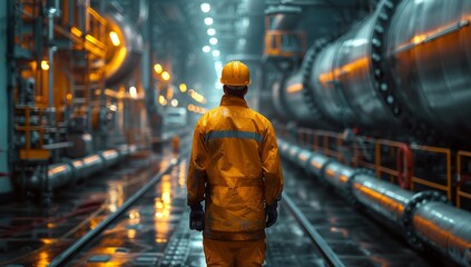 Worker in safety gear at industrial facility
