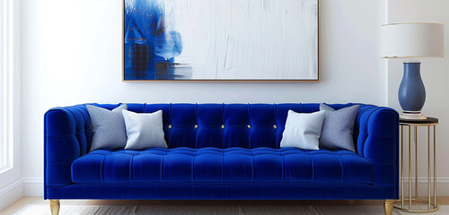 Velour cobalt-blue sofa against a pristine white canvas.