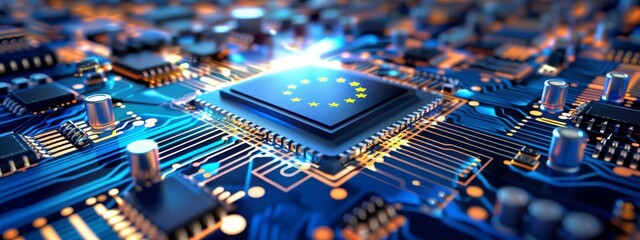European Union microelectronics production with PCB making and automated soldering machine for EU flag - obrazy, fototapety, plakaty