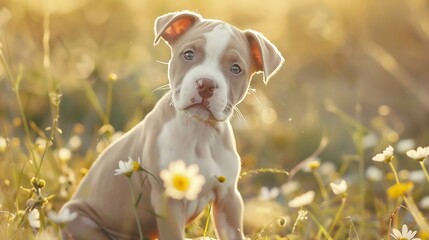 Generative AI : adorable pit bull puppy sitting outdoors in summer