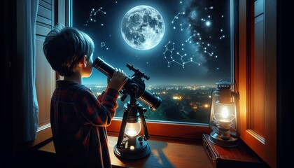 Fototapeta premium A child looking out the window through a telescope at the night sky with the moon. Cosmonautics Day. World of childhood, Children's Day, orphanage 