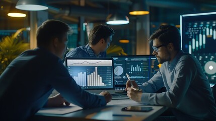 Generative AI : Panorama shot analyst team utilizing BI Fintech to analyze financial report with laptop. 