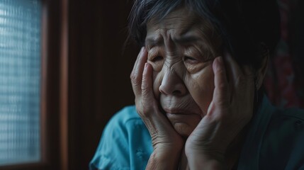 Generative AI : Depressed asian senior woman with depression,anxiety,depressive illness,tired old elderly patient crying alone at home,debilitating - obrazy, fototapety, plakaty