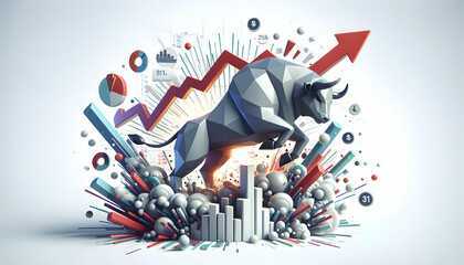 3d flat icon as Bull Market Burst Close up of a financial chart with a bull icon representing a strong market upturn. in financial growth and innovation abstract theme with isolated white background ,