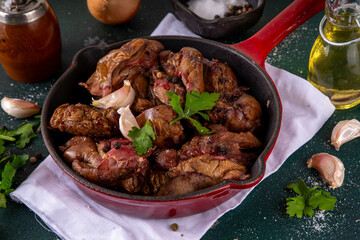 Fried chicken, turkey, duck, poultry liver, Baked diet meat food with herbs and spices, Poultry liver dinner background, copy space