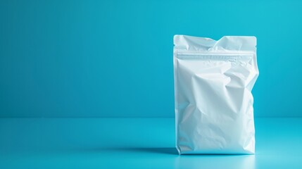 Minimalist Elegance: White Plastic Packaging Bag on Blue Background