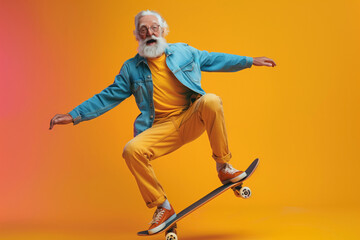 Energetic senior skateboarding on vibrant backdrop