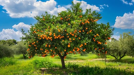 Generative AI : Orange tree in Orange farm.