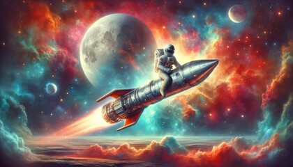 Astronaut on a rocket soars through a vibrant cosmic sky, with a large moon and distant planets set against a backdrop of stars and nebulae.