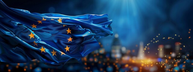 flag of the European Union, adorned with a circle of golden stars, flutters gracefully in the sunlight