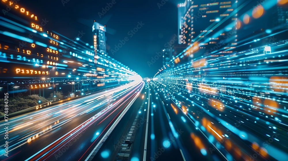 Poster Generative AI : Digital data flow on road with motion blur to create vision of fast speed transfer