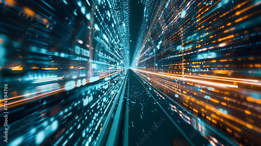 Poster Generative AI : Digital data flow on road with motion blur to create vision of fast speed transfer