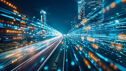 Fototapeta na wymiar Generative AI : Digital data flow on road with motion blur to create vision of fast speed transfer