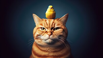 Orange tabby cat displays a serene expression while a small yellow bird perches peacefully on its head, set against a dark background. - obrazy, fototapety, plakaty