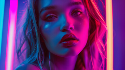 Naklejka na ściany i meble Professional beauty portrait of a beautiful girl posing under vibrant neon lighting. Colorful makeup, female high fashion model on a colorful bright background, artistic design, UV design.