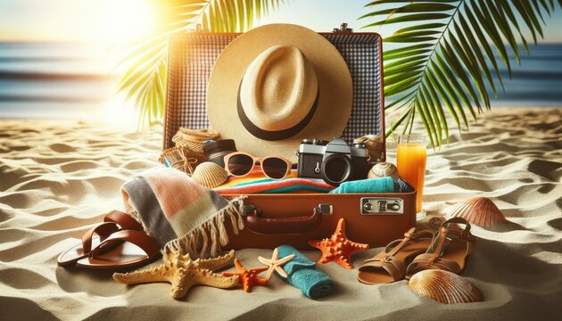 Open suitcase packed with vacation essentials on a sandy beach, suggesting the start of a summer holiday in a tropical paradise.