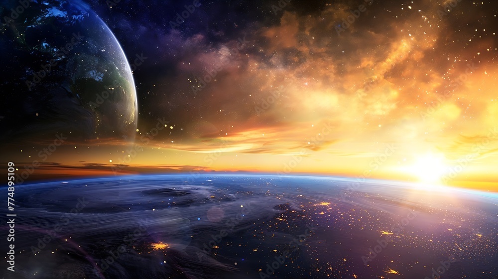 Aufkleber generative ai : panoramic view of the earth, sun, star and galaxy. sunrise over planet earth, view f