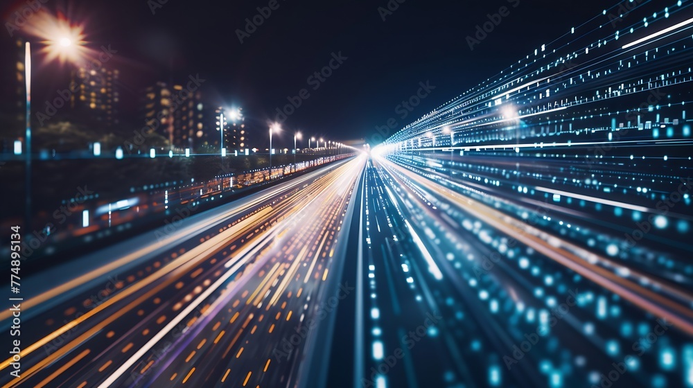 Aufkleber Generative AI : Digital data flow on road with motion blur to create vision of fast speed transfer