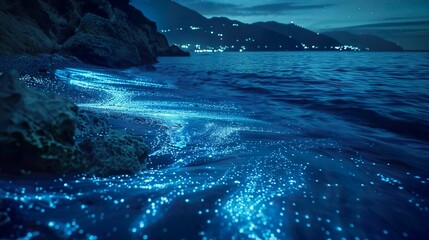 Bioluminescent plankton illuminating the midnight ocean underwater scene - obrazy, fototapety, plakaty