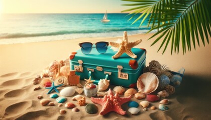 Fototapeta na wymiar Whimsical still life of a teal suitcase adorned with sea stars and shells, capturing the essence of a magical beach vacation.