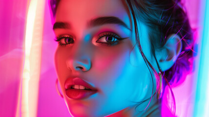 Obraz premium Professional beauty portrait of a beautiful girl posing under vibrant neon lighting. Colorful makeup, female high fashion model on a colorful bright background, artistic design, UV design.