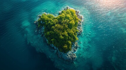 A heart-shaped tropical island paradise in the open ocean