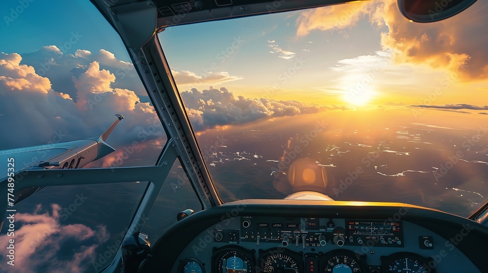Poster generative ai : aerial sunset view over the blue ridge mountains from the cockpit of a private aircr