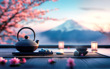 a teapot for a tea ceremony, a cup and some small zen stones lie on the mat. in the background there is a glowing cherry blossom and in the distance a mountain top covered with snow