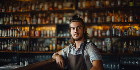 Working staff in restaurant bar. Handsome bartender standing at bar counter. - 774895309