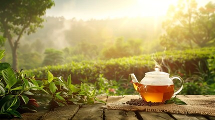Generative AI : Warm cup of tea with teapot, green tea leaves and dried herbs at morning in plantations - obrazy, fototapety, plakaty