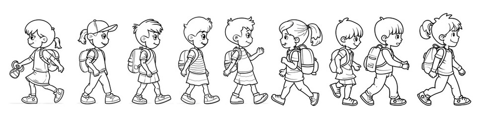 Set of hand drawn illustrations line art boy walking on white