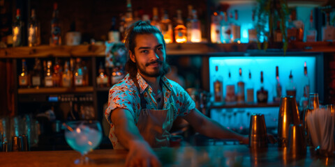 Working staff in pub or bar. Handsome latin barman standing at bar counter. - 774895337