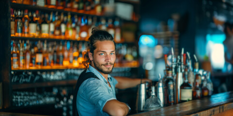Handsome bartender standing at bar counter. - 774895342