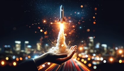 Hands release a powerful rocket towards the starry sky, symbolizing the launch of dreams and ambitions, with a vibrant cityscape below.