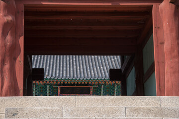 View of the wooden gate in the Buddhist temple