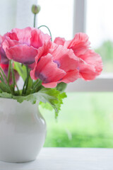 Blooming poppies in a white vase on a white wooden table near the window
