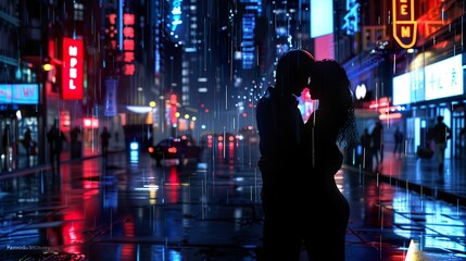 Embracing in a city street at night