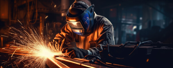 Woman welder in protective workwear in industrial factory. - obrazy, fototapety, plakaty
