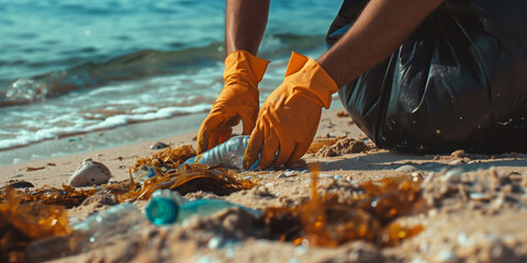 Hands picking up plastic trash on beach. Problem of environmental pollution by plastic and its recycling. - 774895553