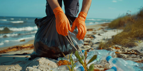 Volunteer picking up plastic trash on beach. Problem of environmental pollution by plastic and its recycling. - 774895590