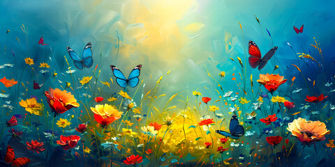Fototapeta na wymiar Colorfull flower field with butterflies flying oil painting 