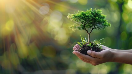 Generative AI : male hands holding tree growing on a green background and the nature of the business / Care concepts and environmental protection.