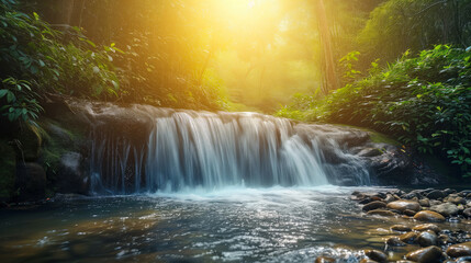 beautiful waterfall on the river in the spring forest in the rays of sunset