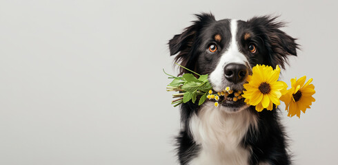 Dog holding bouquet of flowers in its mouth. Happy birthday card, cute animal banner with copy space. - 774895920
