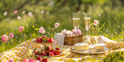 Summer picnic with sparkling wine, strawberries and cheese. Dinning outside in countryside. - 774895995