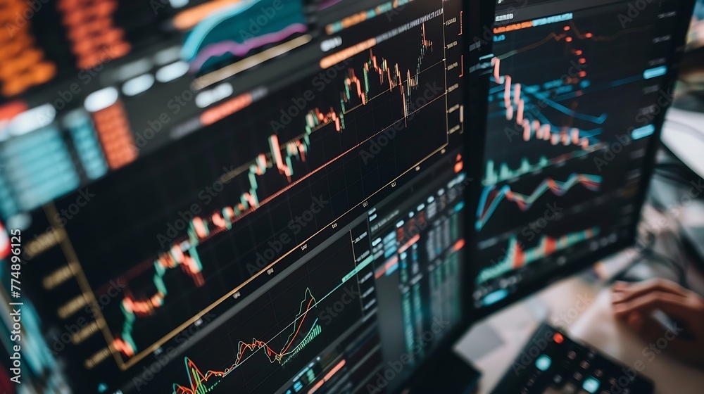 Poster Generative AI : Charts of financial instruments with various type of indicators including volume analysis for professional technical analysis on the monitor 