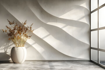 Trendy textured white wall with 3D organic lines. Minimalist interior with boho vase, background...