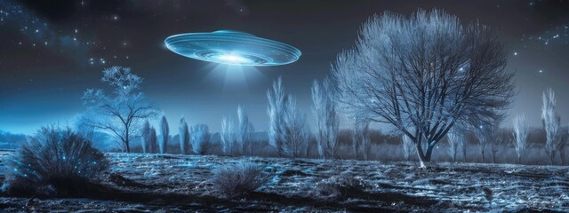 A saucer-shaped UFO hovering over a moonlit field, illuminating nearby trees with its mysterious lights. - obrazy, fototapety, plakaty