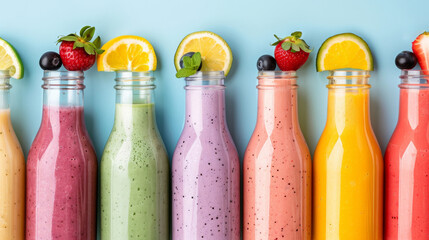 Bottled smoothies aligned in a row, commercial photo